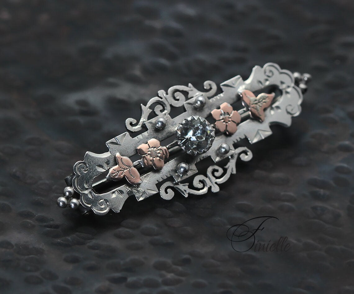 Sterling Silver and Rose Gold, Victorian 1898 Hallmarked | William Twigg | Birmingham, Floral Brooch, Antique Vintage Gift Jewelry Jewellery