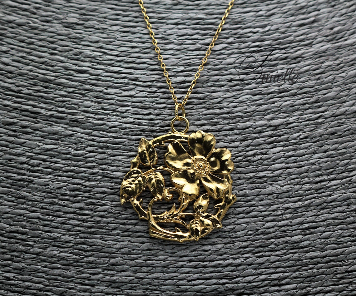 Unique Vintage Floral Button Pendant Necklace, Edwardian Era 1900-1910, Repurposed One, Antique 24K Gold Plated, Gift for Women