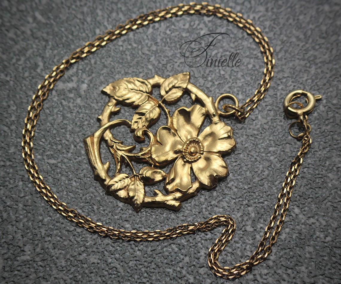Unique Vintage Floral Button Pendant Necklace, Edwardian Era 1900-1910, Repurposed One, Antique 24K Gold Plated, Gift for Women