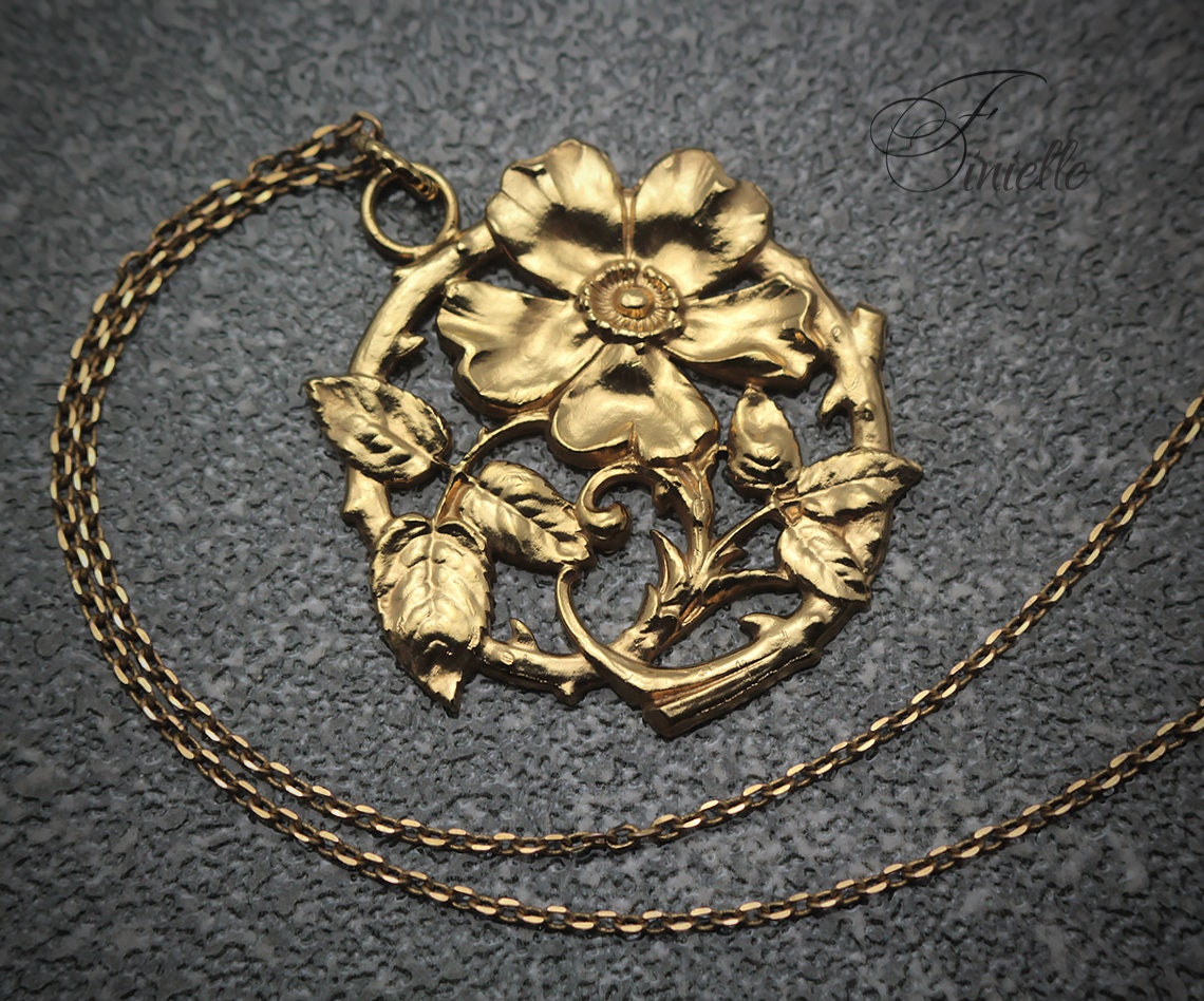 Unique Vintage Floral Button Pendant Necklace, Edwardian Era 1900-1910, Repurposed One, Antique 24K Gold Plated, Gift for Women