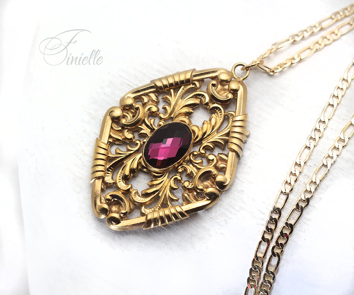 Vintage Czech 1930's Art Deco Ornate Necklace, Purple Rhinestone, 24K Antique Gold Plated Pendant and Chain, Unique Gift for Women