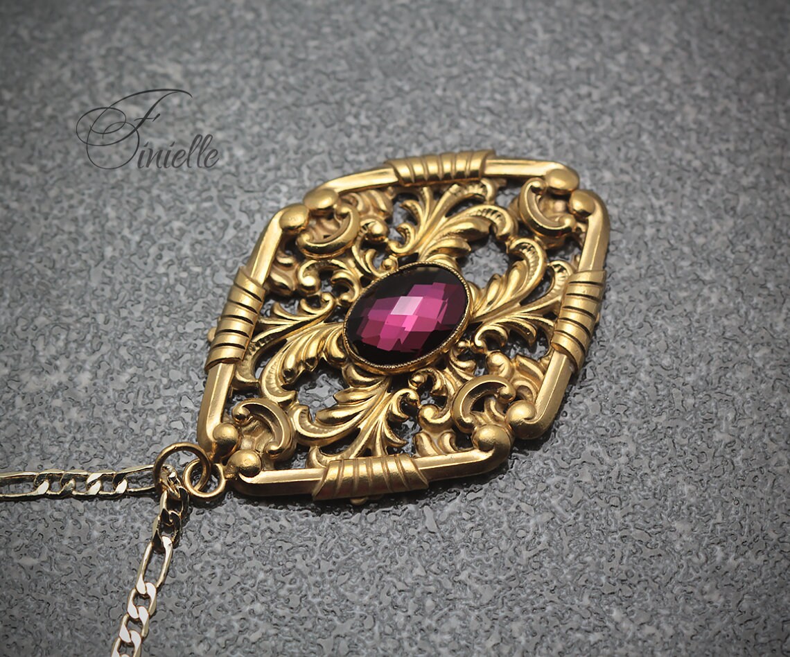 Vintage Czech 1930's Art Deco Ornate Necklace, Purple Rhinestone, 24K Antique Gold Plated Pendant and Chain, Unique Gift for Women
