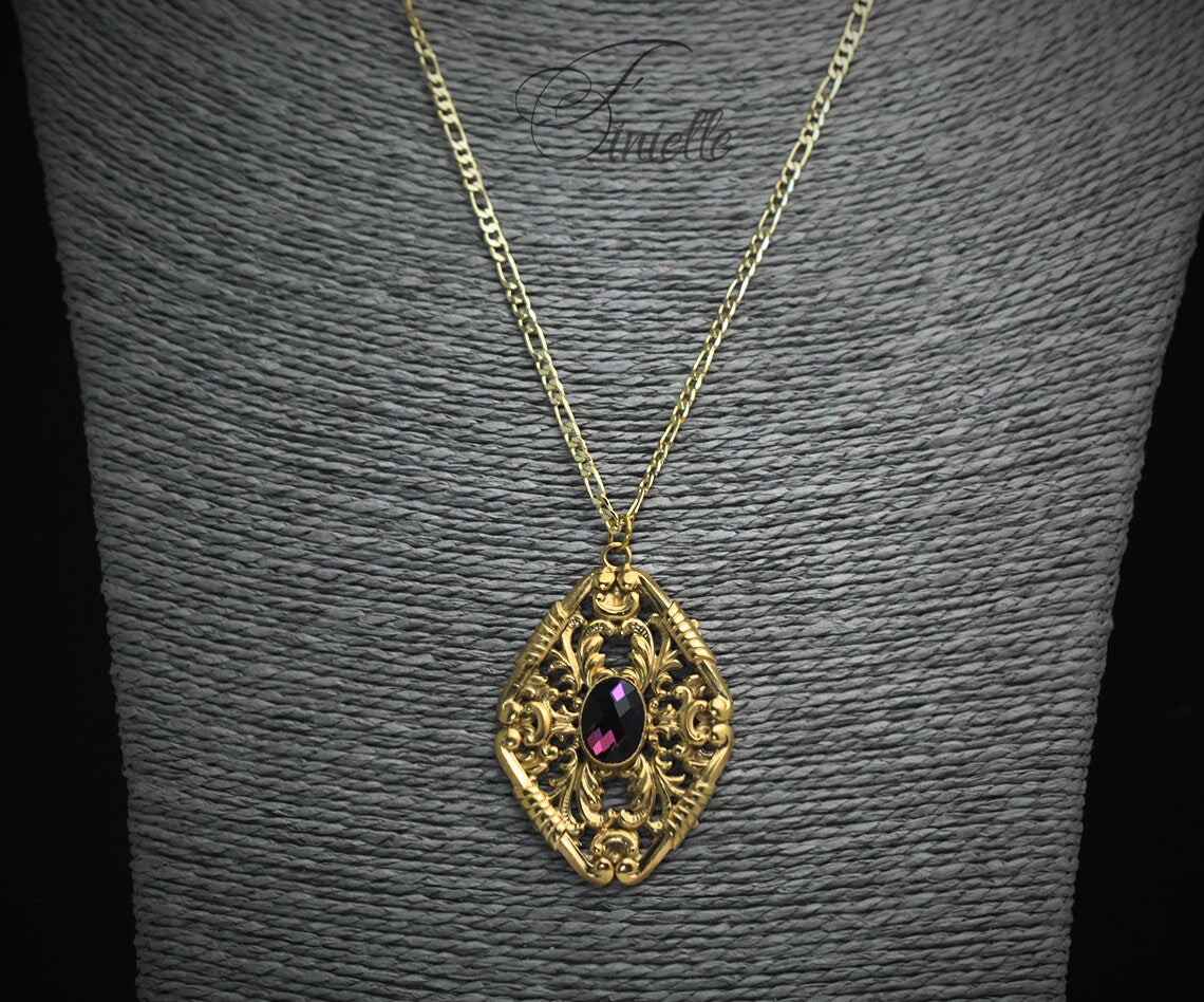 Vintage Czech 1930's Art Deco Ornate Necklace, Purple Rhinestone, 24K Antique Gold Plated Pendant and Chain, Unique Gift for Women