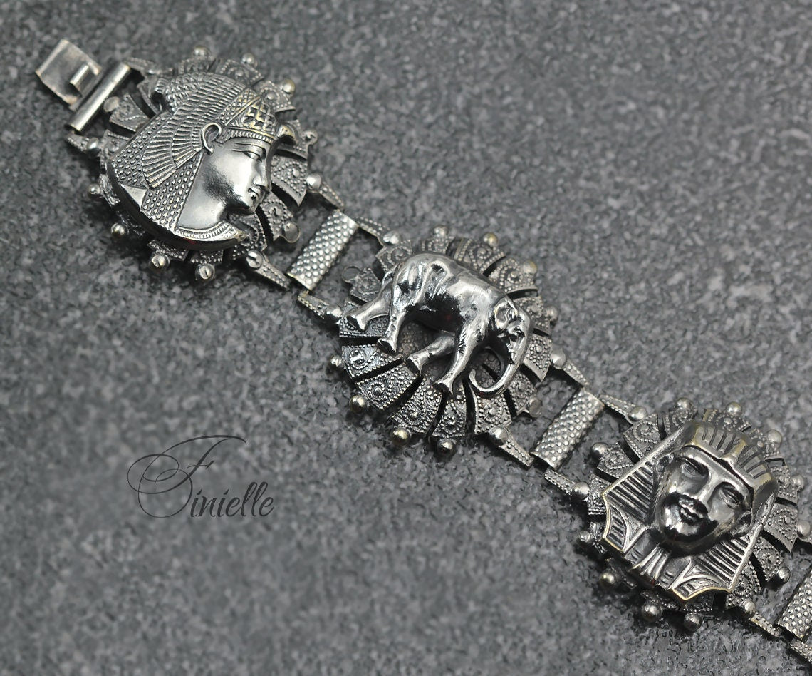 Unique Vintage 1940's Egyptian Revival Style Panel Bracelet, Silver Plated, Souvenir Bracelet, Silver Tone Jewelry Jewellery, Gift for Women