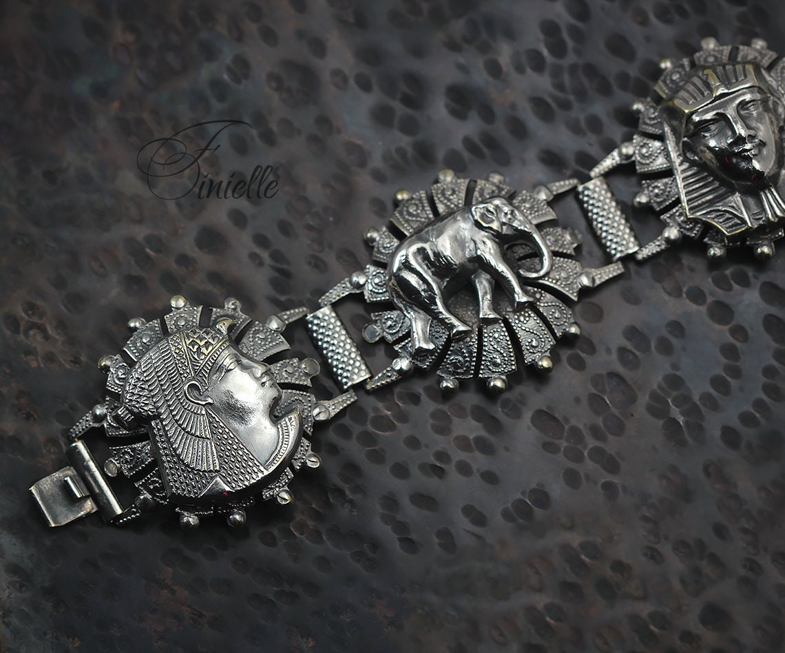 Unique Vintage 1940's Egyptian Revival Style Panel Bracelet, Silver Plated, Souvenir Bracelet, Silver Tone Jewelry Jewellery, Gift for Women