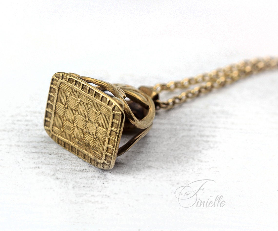Antique Victorian 1890 Seal Fob Gilded Pendant Necklace, Rolo Chain, Ornate, Vintage Jewelry Jewellery, Gold tone, Unique Unisex Gift