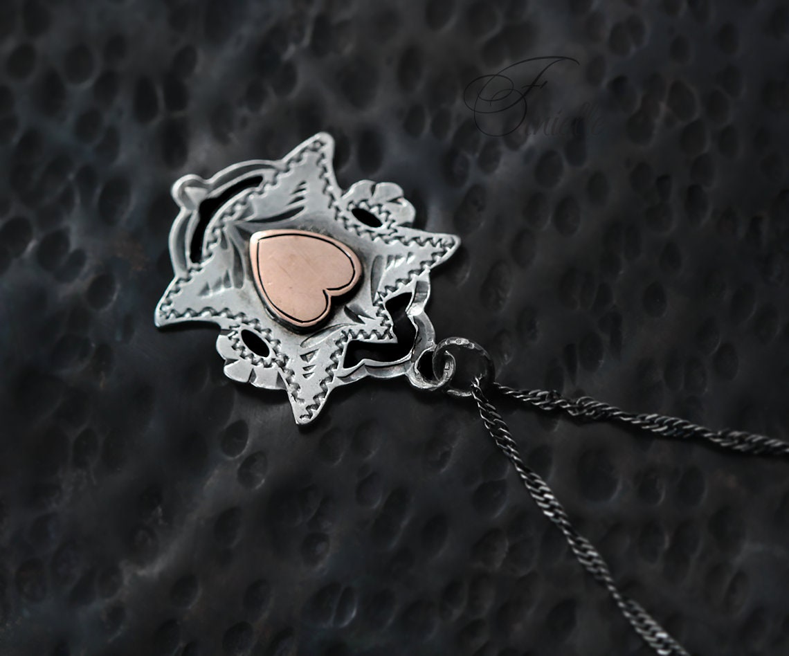 Antique Sterling Silver and Rose Gold Edwardian 1904 Pendant Necklace, Rare Vintage, Love Charm Heart, Jewelry Jewellery, Unique Unisex Gift