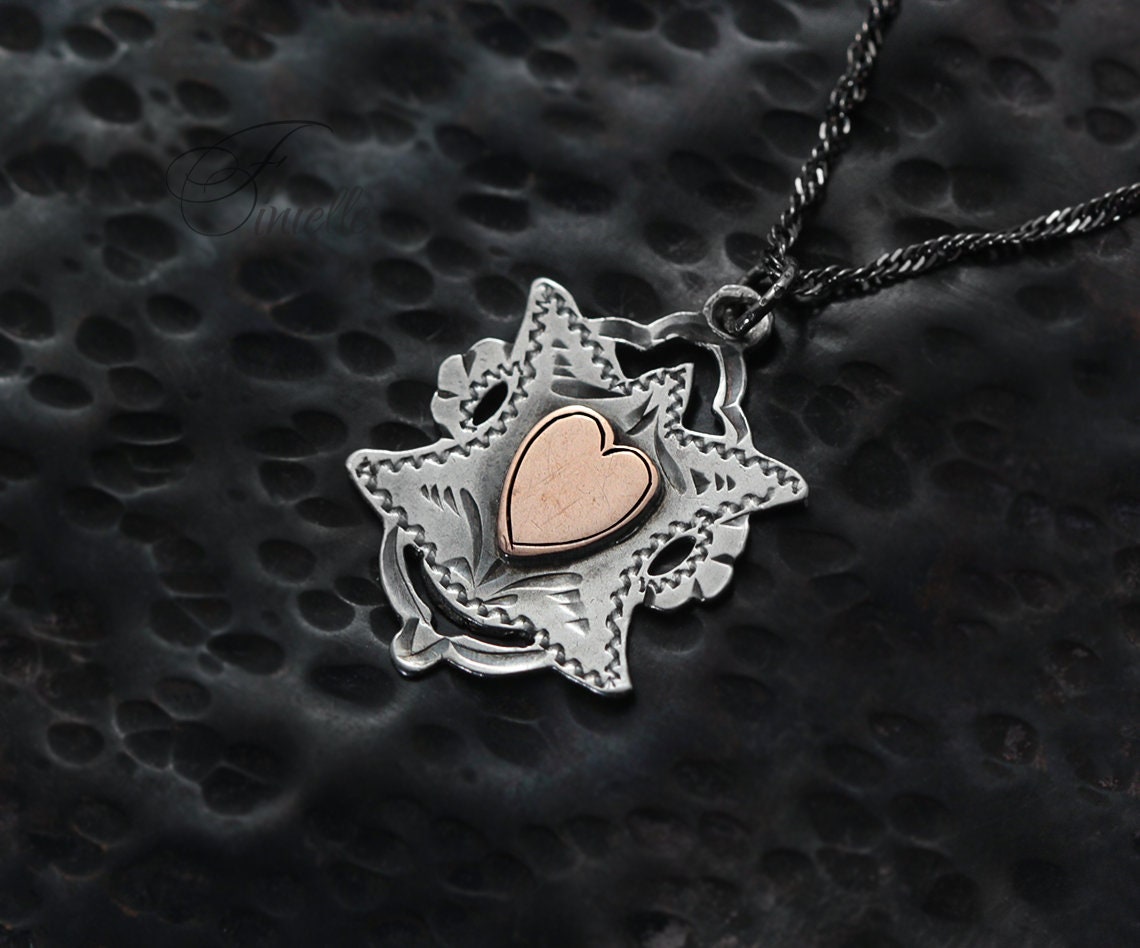 Antique Sterling Silver and Rose Gold Edwardian 1904 Pendant Necklace, Rare Vintage, Love Charm Heart, Jewelry Jewellery, Unique Unisex Gift