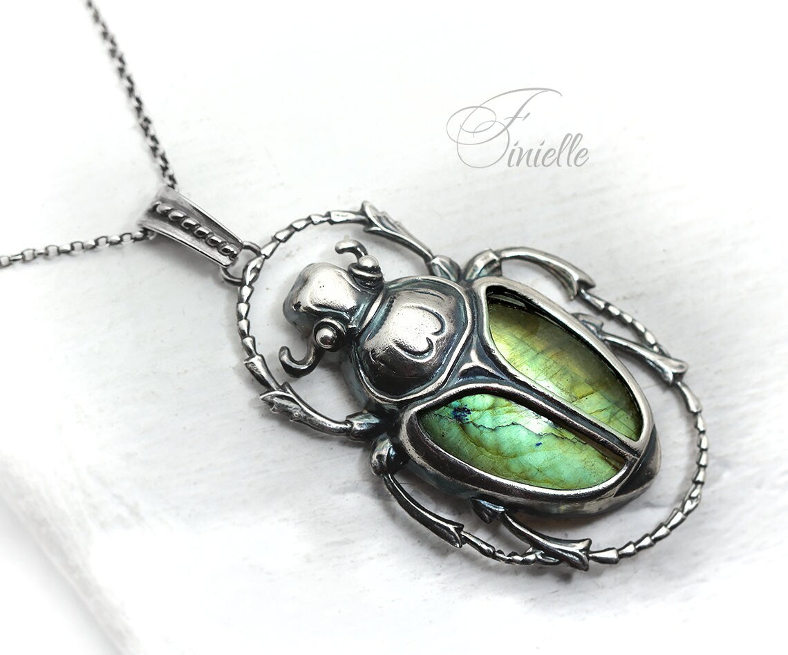 Art Deco Vintage style Egyptian Scarab Pendant Necklace, Antique Silver Plated, Gold Green Labradorite, Sterling Silver Chain, Unique Gift