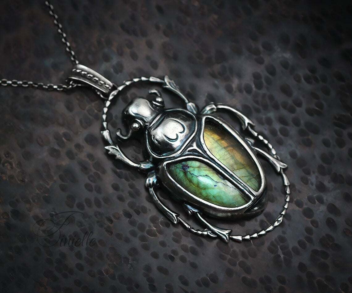 Art Deco Vintage style Egyptian Scarab Pendant Necklace, Antique Silver Plated, Gold Green Labradorite, Sterling Silver Chain, Unique Gift