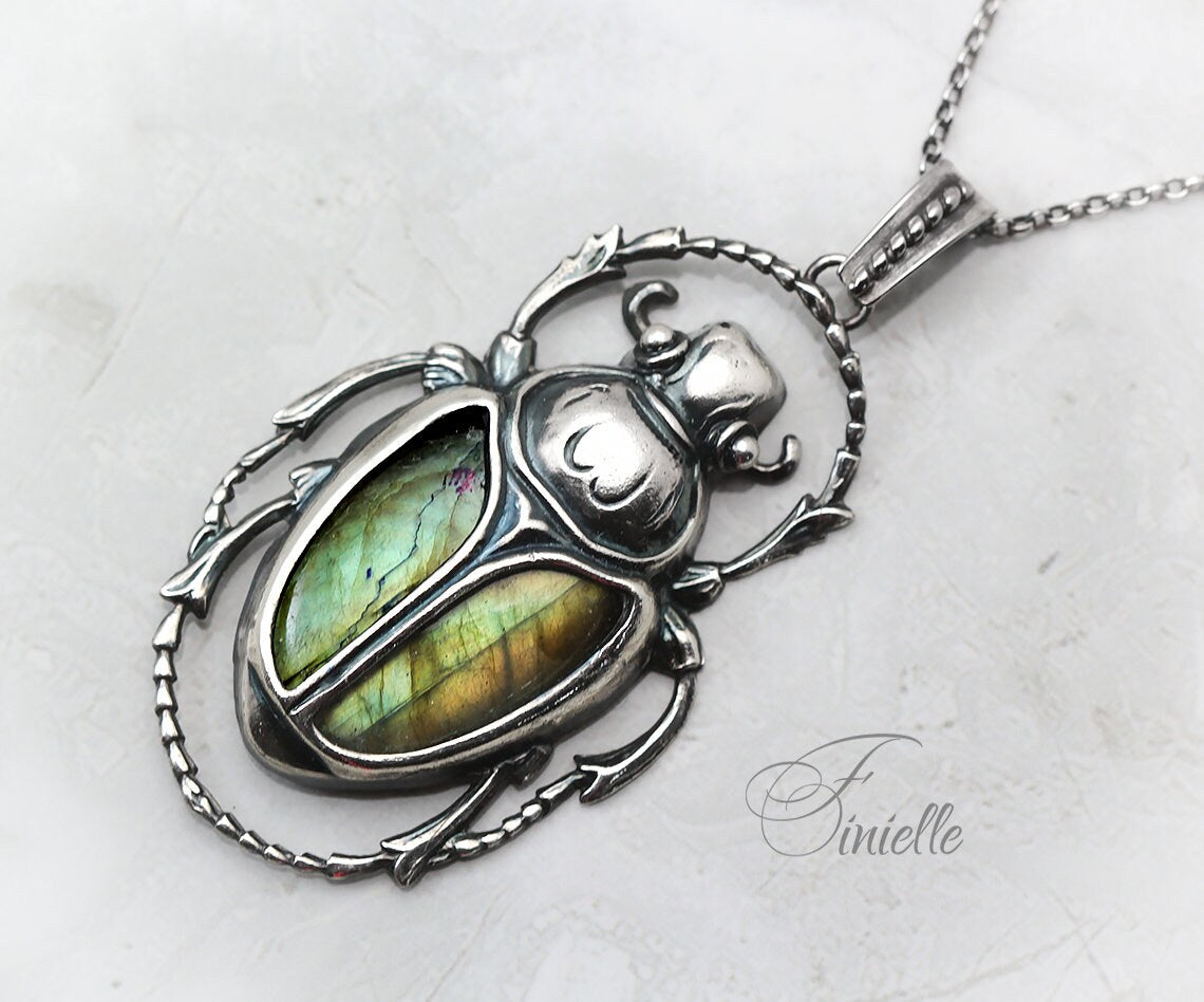 Art Deco Vintage style Egyptian Scarab Pendant Necklace, Antique Silver Plated, Gold Green Labradorite, Sterling Silver Chain, Unique Gift
