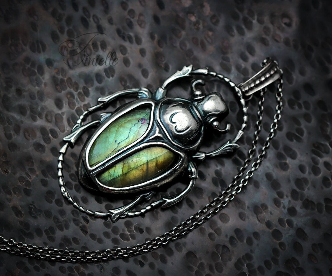 Art Deco Vintage style Egyptian Scarab Pendant Necklace, Antique Silver Plated, Gold Green Labradorite, Sterling Silver Chain, Unique Gift