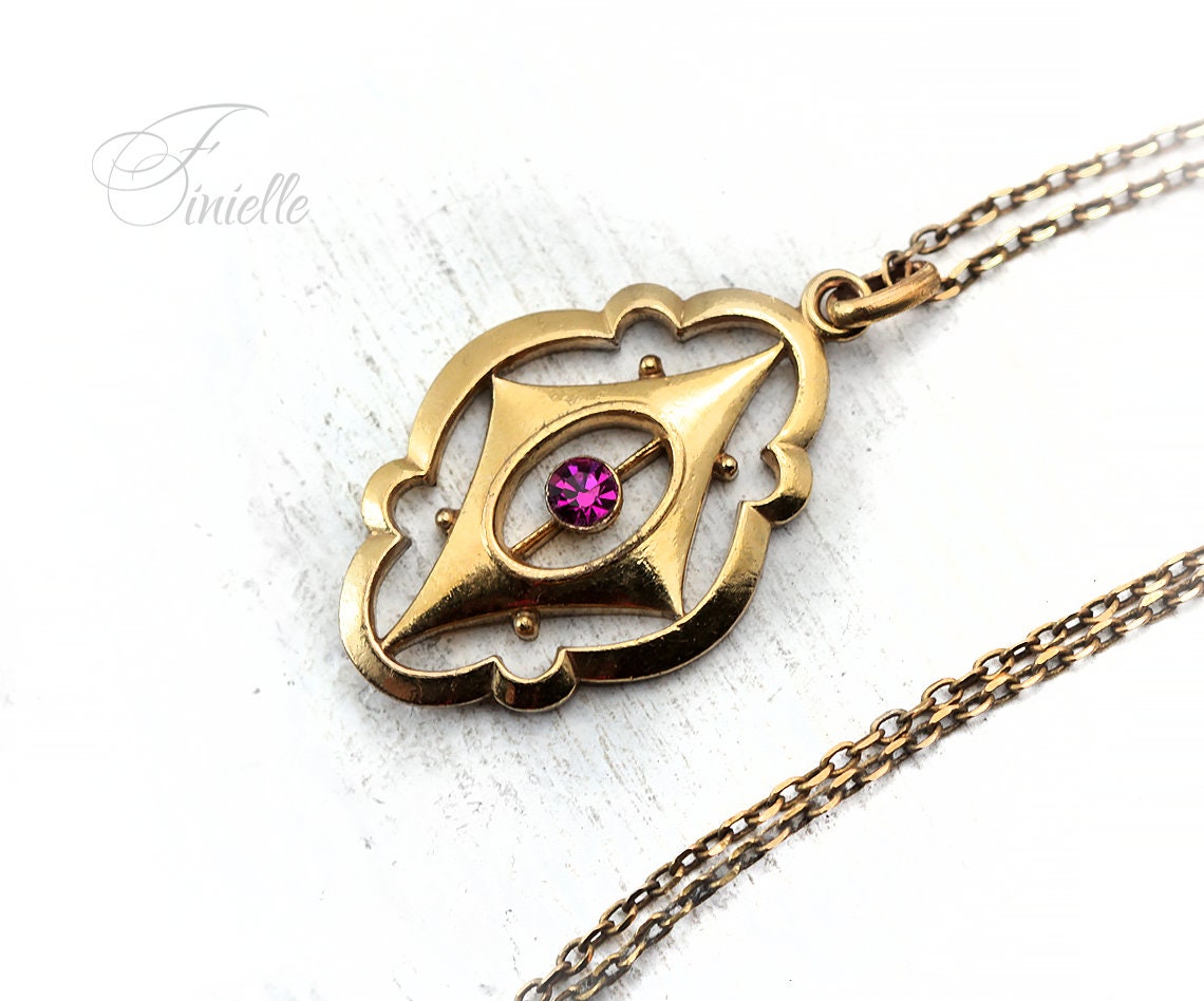 Antique Vintage Original 1880-1900 Victorian Gilded Glass Pendant Necklace, Gold Plated Chain, Ornate Vintage Jewelry Jewellery, Unique Gift