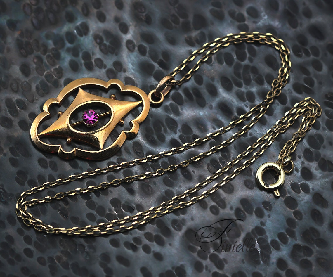 Antique Vintage Original 1880-1900 Victorian Gilded Glass Pendant Necklace, Gold Plated Chain, Ornate Vintage Jewelry Jewellery, Unique Gift