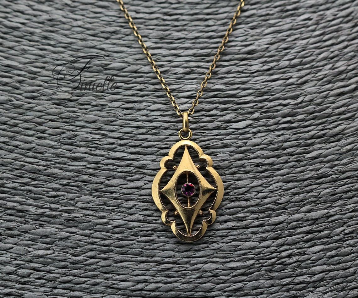 Antique Vintage Original 1880-1900 Victorian Gilded Glass Pendant Necklace, Gold Plated Chain, Ornate Vintage Jewelry Jewellery, Unique Gift