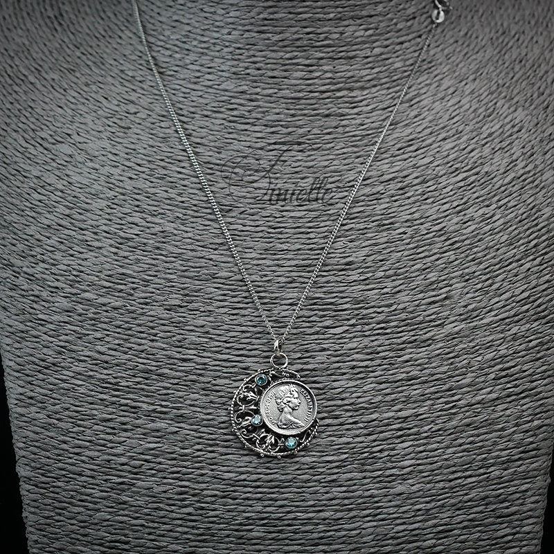 Vintage 1971 Lucky Half Penny Coin Charm Pendant Necklace | Antique Silver Plate | Sterling Silver Chain | Unique Birthday Gift