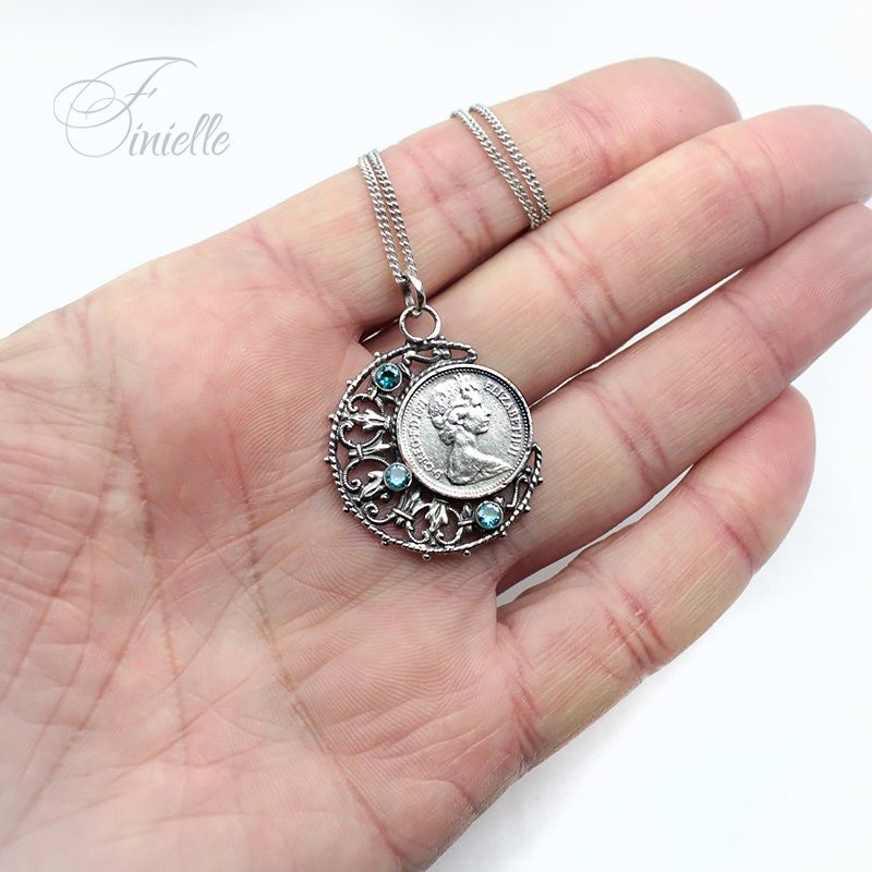 Vintage 1971 Lucky Half Penny Coin Charm Pendant Necklace | Antique Silver Plate | Sterling Silver Chain | Unique Birthday Gift