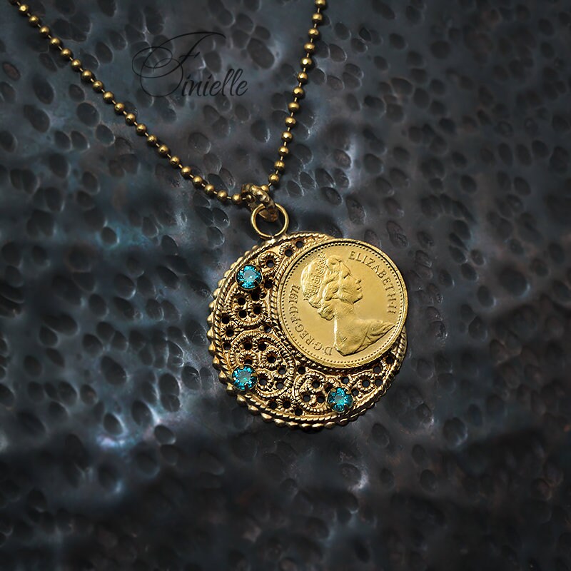 Vintage 1971 Lucky Half Penny Coin Charm Pendant Necklace | Crescent Moon | Blue Cubic Zirconia | 24k Yellow Gold Plated | Unique Gift