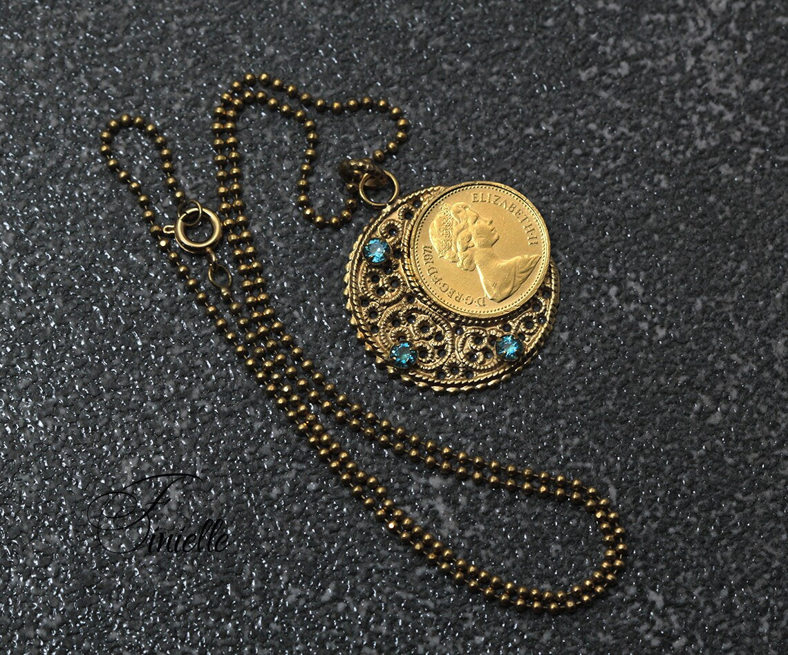 Vintage 1971 Lucky Half Penny Coin Charm Pendant Necklace | Crescent Moon | Blue Cubic Zirconia | 24k Yellow Gold Plated | Unique Gift