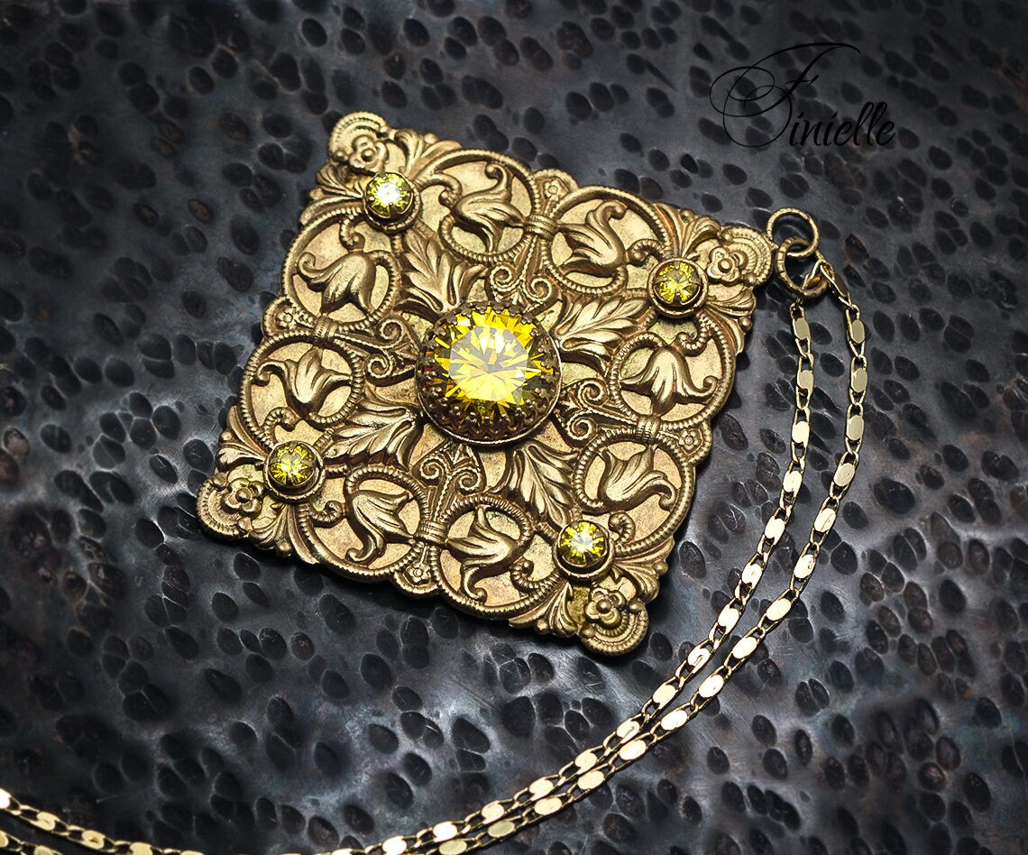 Vintage Czech 1915-1935 Art Deco Ornate Necklace, Yellow Cubic Zirconia, 24K Antique Gold Plated Pendant and Chain, Unique Gift for Women