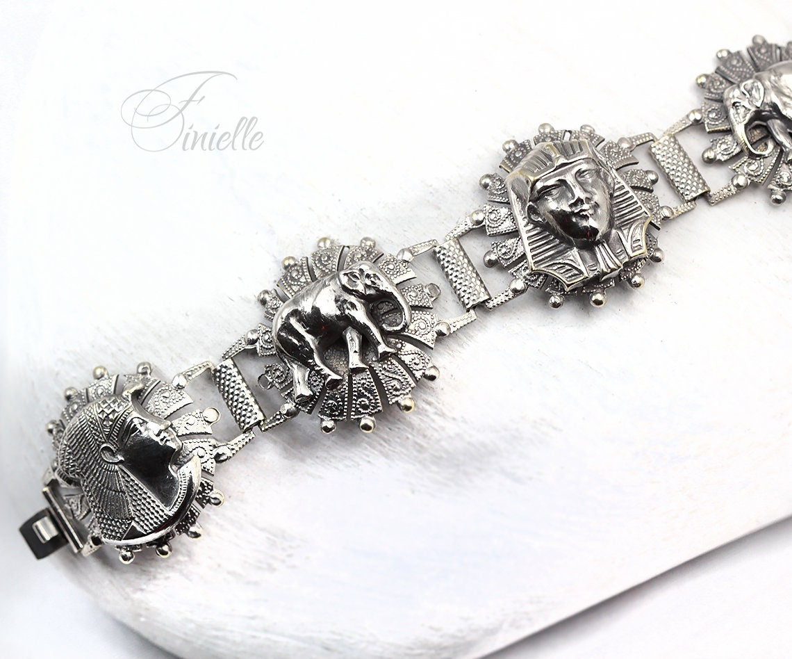 Unique Vintage 1940's Egyptian Revival Style Panel Bracelet, Silver Plated, Souvenir Bracelet, Silver Tone Jewelry Jewellery, Gift for Women