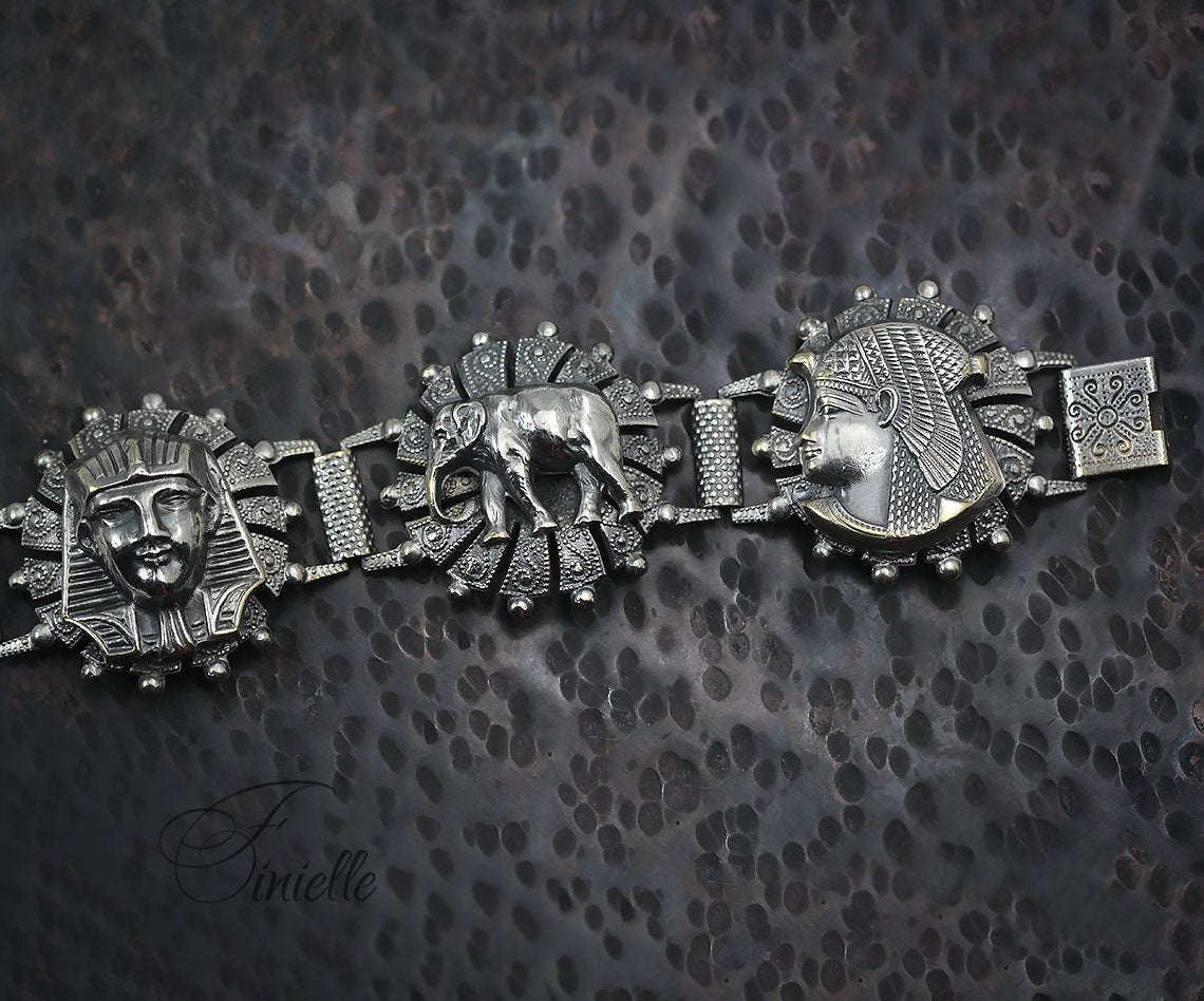 Unique Vintage 1940's Egyptian Revival Style Panel Bracelet, Silver Plated, Souvenir Bracelet, Silver Tone Jewelry Jewellery, Gift for Women