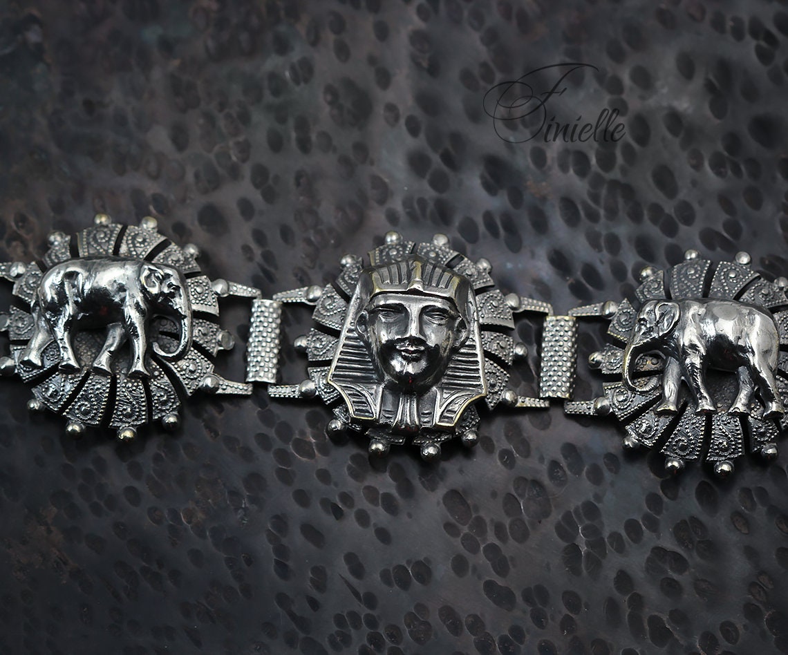 Unique Vintage 1940's Egyptian Revival Style Panel Bracelet, Silver Plated, Souvenir Bracelet, Silver Tone Jewelry Jewellery, Gift for Women