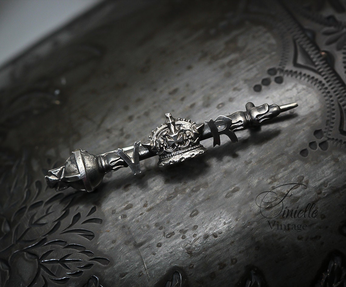 Sterling Silver Victorian 1837 | Queen Victoria Coronation Sceptre & Crown 'V R' Brooch | Antique Vintage Jewelry Jewellery | Rare Item
