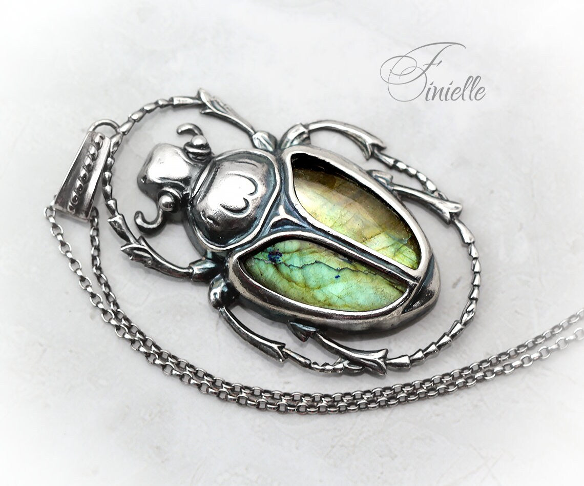 Art Deco Vintage style Egyptian Scarab Pendant Necklace, Antique Silver Plated, Gold Green Labradorite, Sterling Silver Chain, Unique Gift