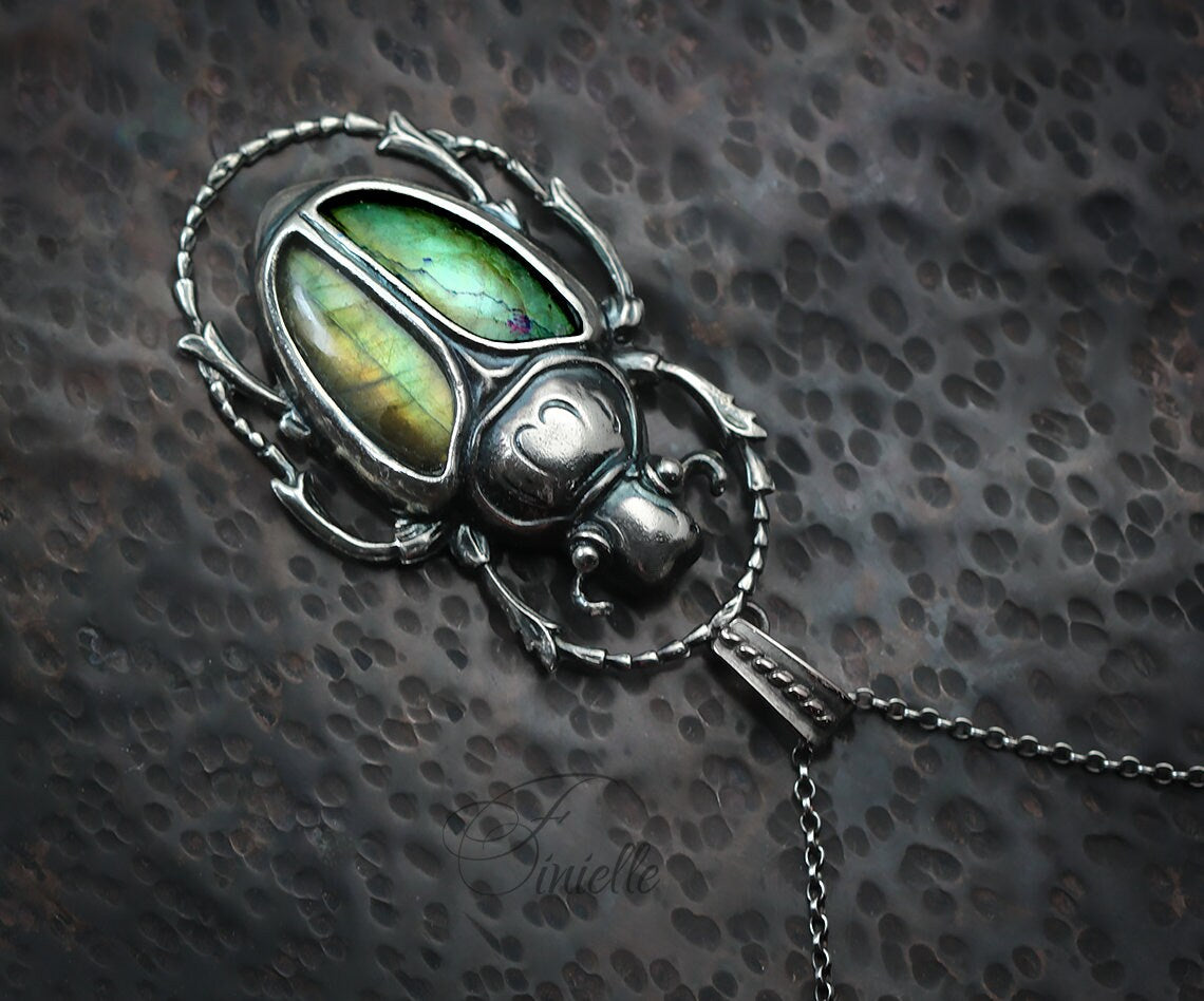 Art Deco Vintage style Egyptian Scarab Pendant Necklace, Antique Silver Plated, Gold Green Labradorite, Sterling Silver Chain, Unique Gift