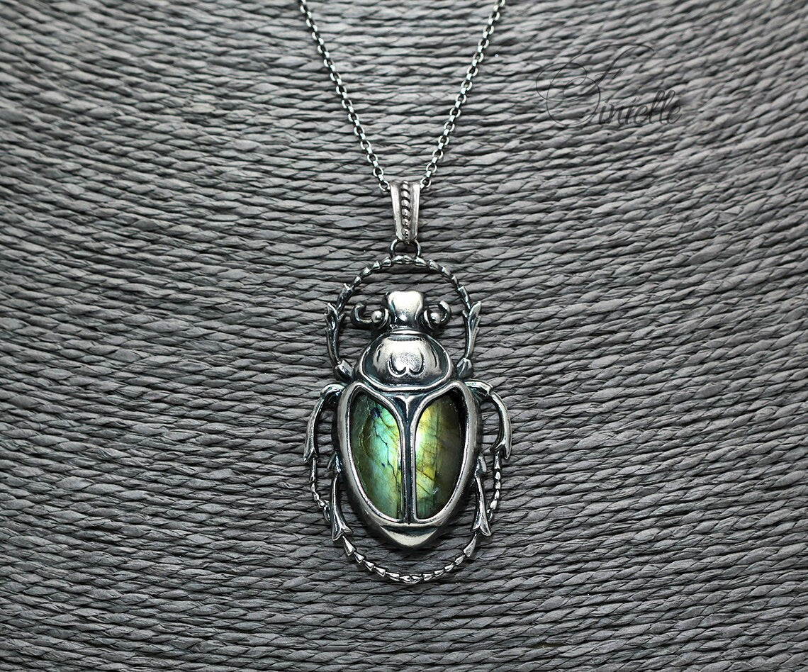 Art Deco Vintage style Egyptian Scarab Pendant Necklace, Antique Silver Plated, Gold Green Labradorite, Sterling Silver Chain, Unique Gift