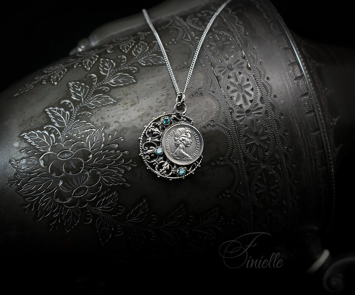 Vintage 1971 Lucky Half Penny Coin Charm Pendant Necklace | Antique Silver Plate | Sterling Silver Chain | Unique Birthday Gift