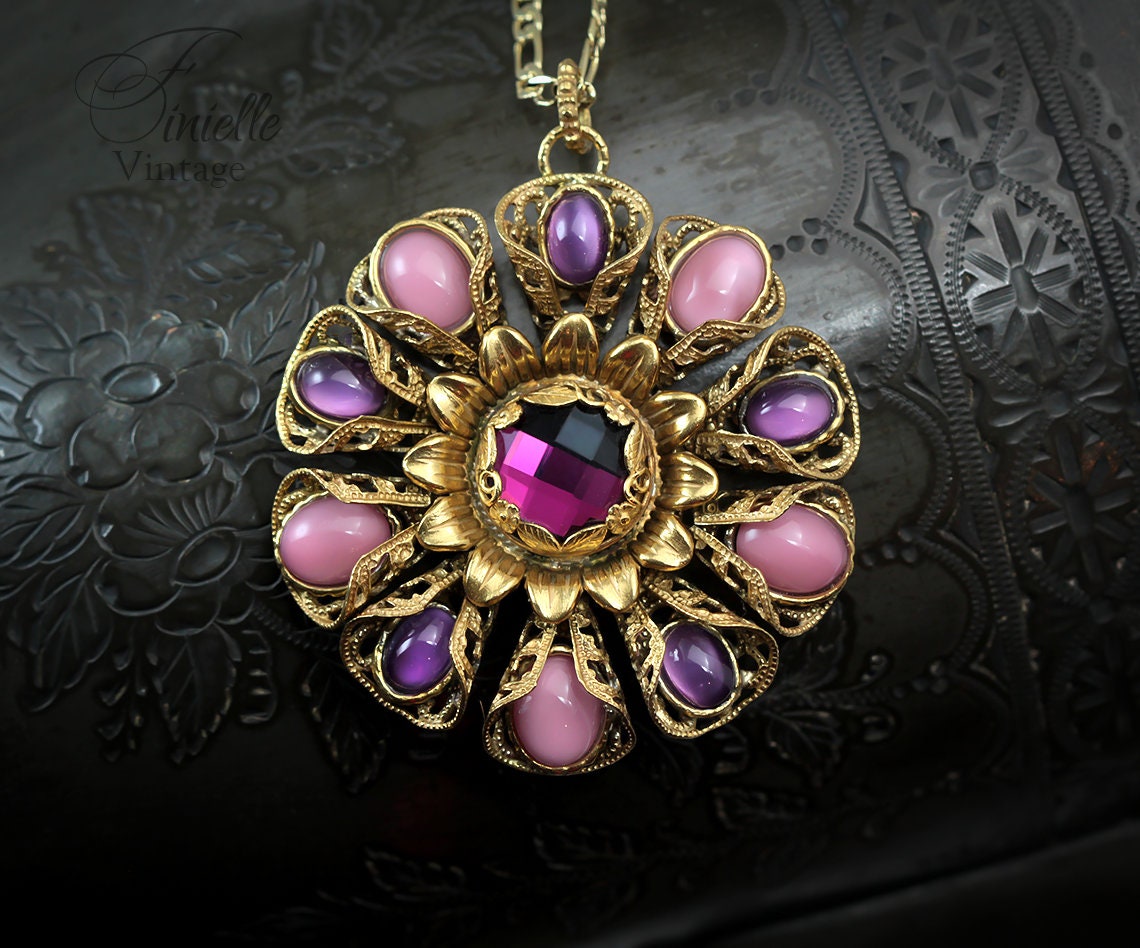 Vintage 1915-1930 Repurposed One, Art Deco Czech Necklace Pendant, Purple Pink Bohemian Glass, Rhinestone, Gold Plated Pendant and Chain