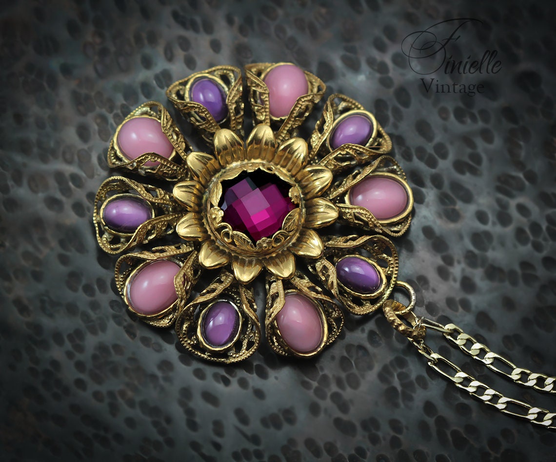 Vintage 1915-1930 Repurposed One, Art Deco Czech Necklace Pendant, Purple Pink Bohemian Glass, Rhinestone, Gold Plated Pendant and Chain