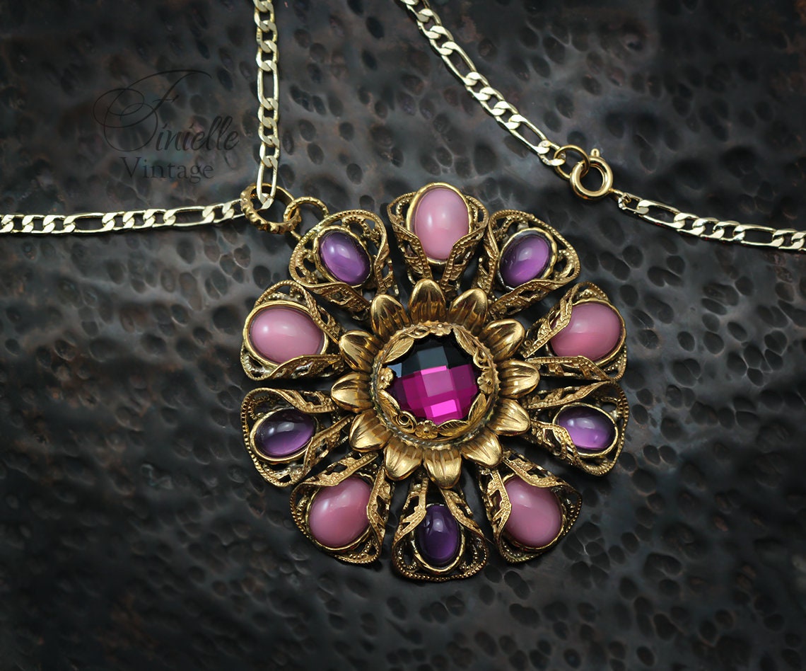 Vintage 1915-1930 Repurposed One, Art Deco Czech Necklace Pendant, Purple Pink Bohemian Glass, Rhinestone, Gold Plated Pendant and Chain