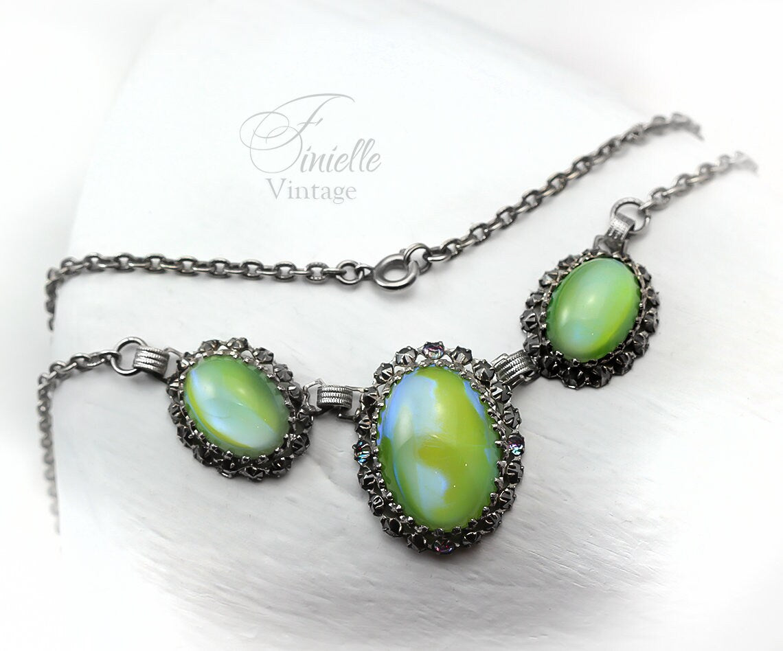 Vintage 1960-1980s Art Deco Silver Plated Necklace, Apple Green Moonglow Glass With Marcasite, Unique Jewelry, Jewellery, Gift for Woman