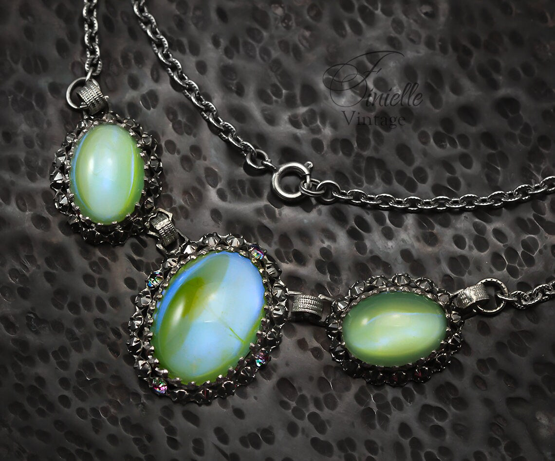 Vintage 1960-1980s Art Deco Silver Plated Necklace, Apple Green Moonglow Glass With Marcasite, Unique Jewelry, Jewellery, Gift for Woman