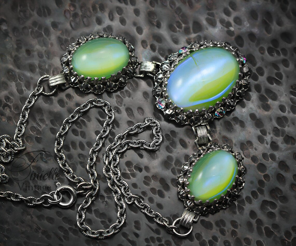 Vintage 1960-1980s Art Deco Silver Plated Necklace, Apple Green Moonglow Glass With Marcasite, Unique Jewelry, Jewellery, Gift for Woman