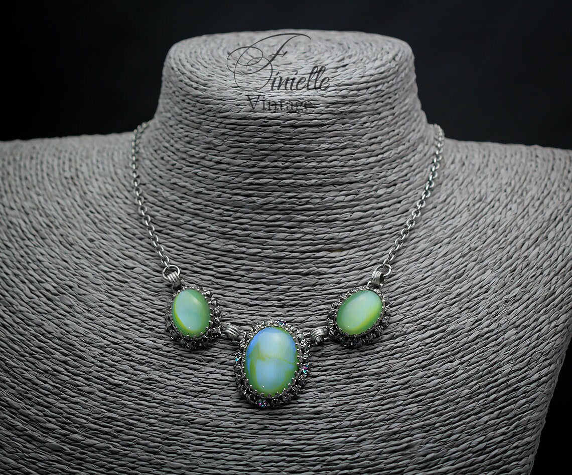 Vintage 1960-1980s Art Deco Silver Plated Necklace, Apple Green Moonglow Glass With Marcasite, Unique Jewelry, Jewellery, Gift for Woman