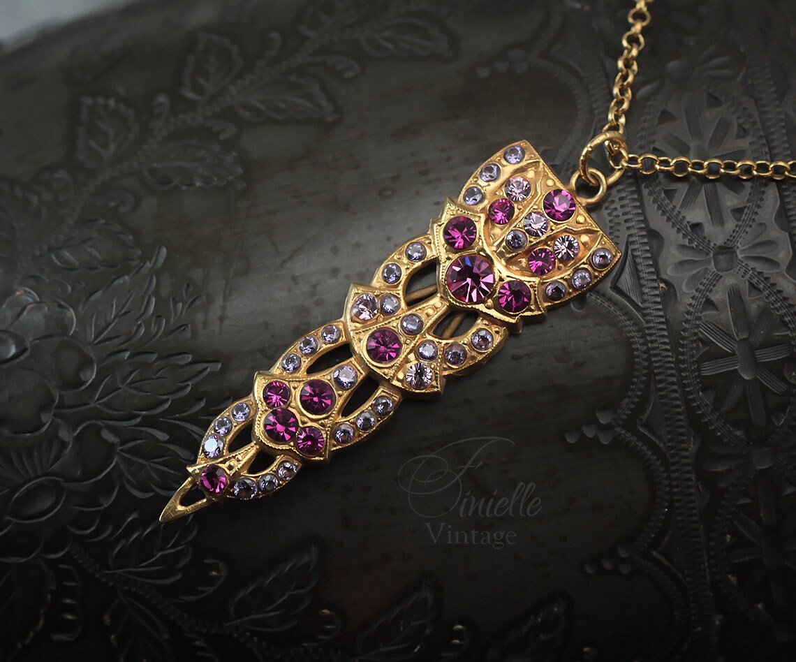 Art Deco Unique Necklace Pendant, Pink Rhinestone & Purple Zirconia, Vintage Repurposed, 24K Gold Plated, Antique jewelry gift for Women