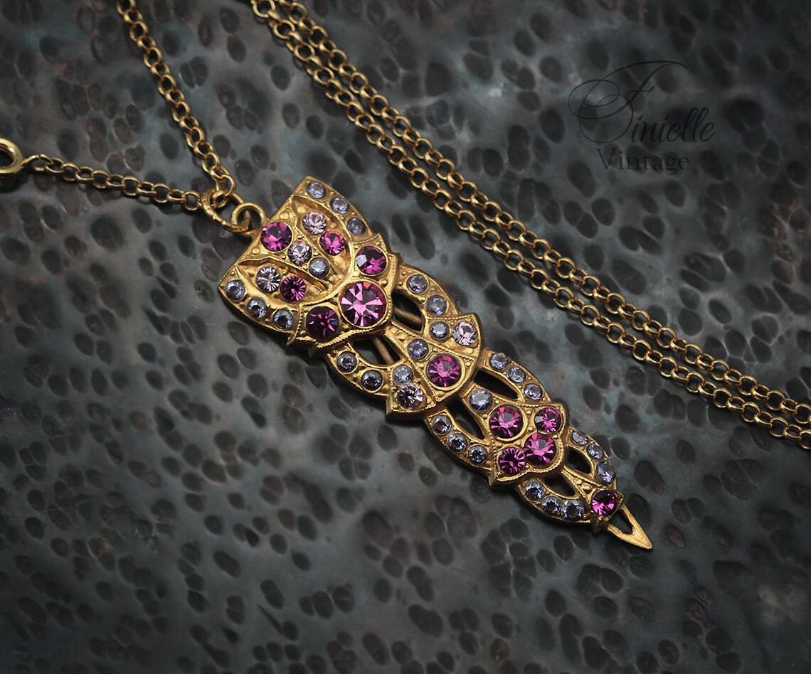 Art Deco Unique Necklace Pendant, Pink Rhinestone & Purple Zirconia, Vintage Repurposed, 24K Gold Plated, Antique jewelry gift for Women