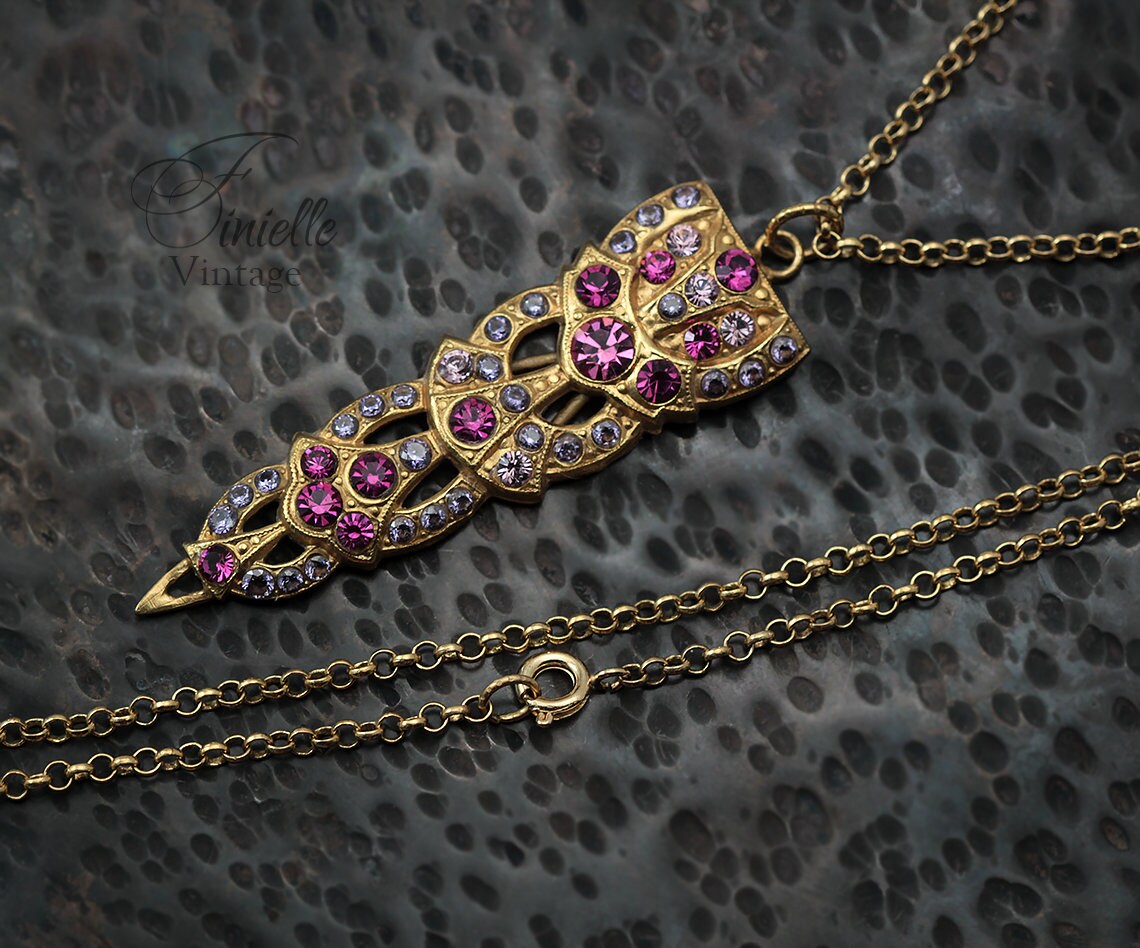 Art Deco Unique Necklace Pendant, Pink Rhinestone & Purple Zirconia, Vintage Repurposed, 24K Gold Plated, Antique jewelry gift for Women