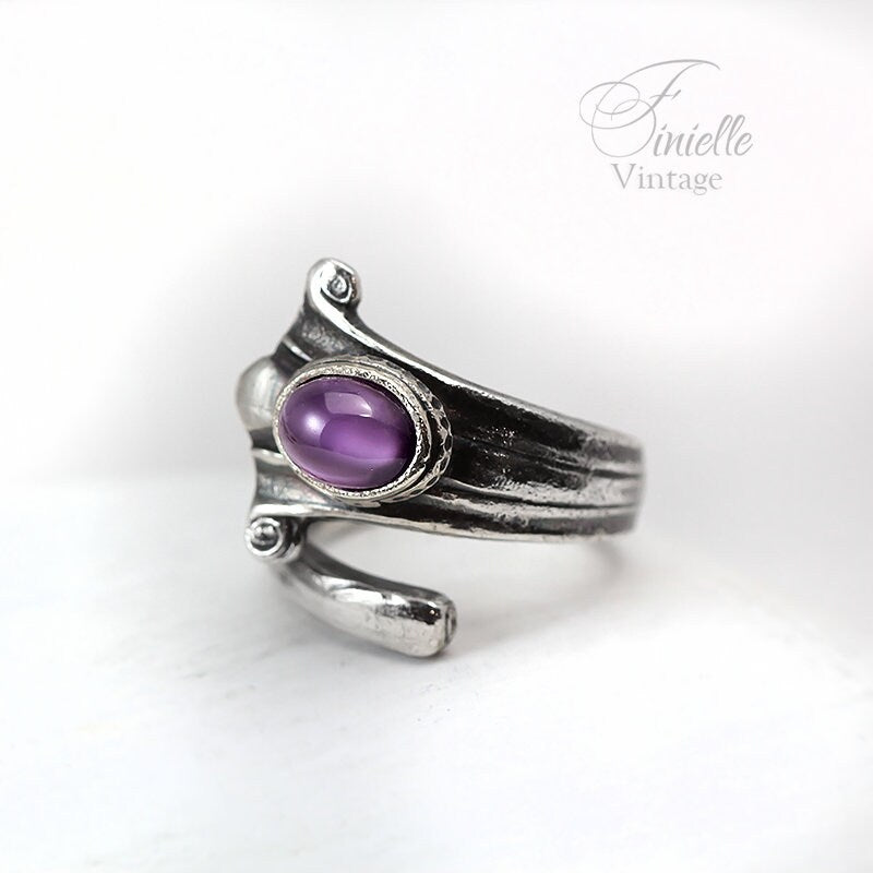 Vintage, Silver Plate Ornate Spoon Ring, Moonglow Bohemian Purple Glass, Antique Style Jewelry Jewellery, Unique Gift for Women