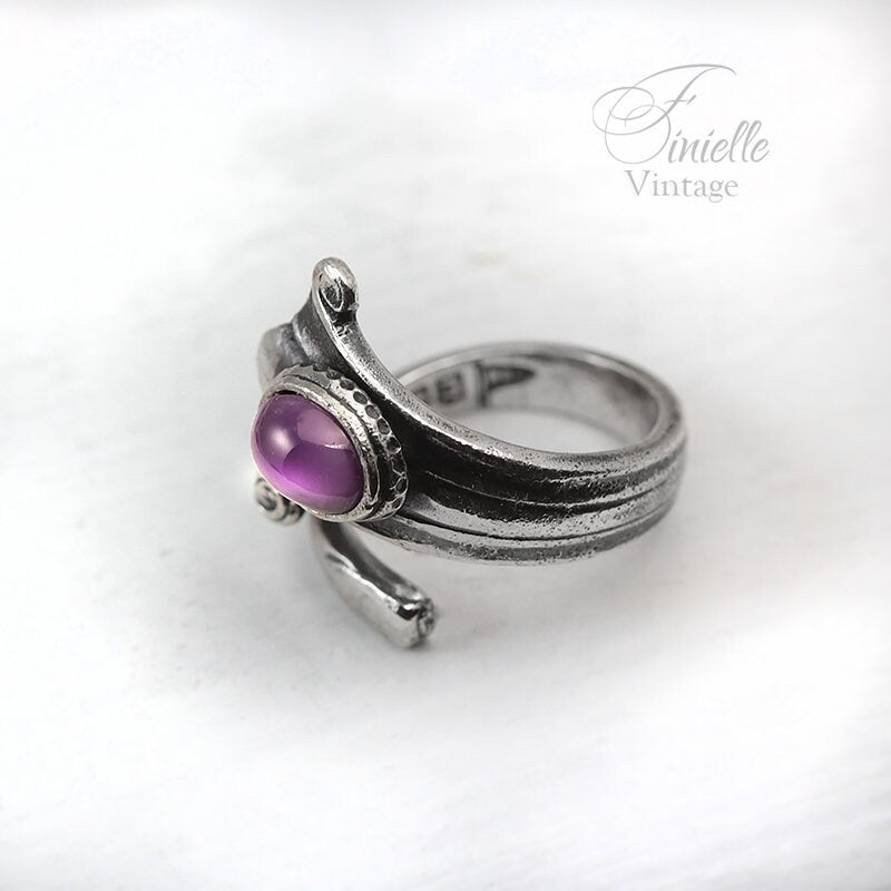 Vintage, Silver Plate Ornate Spoon Ring, Moonglow Bohemian Purple Glass, Antique Style Jewelry Jewellery, Unique Gift for Women