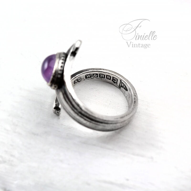 Vintage, Silver Plate Ornate Spoon Ring, Moonglow Bohemian Purple Glass, Antique Style Jewelry Jewellery, Unique Gift for Women