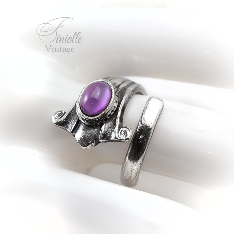 Vintage, Silver Plate Ornate Spoon Ring, Moonglow Bohemian Purple Glass, Antique Style Jewelry Jewellery, Unique Gift for Women
