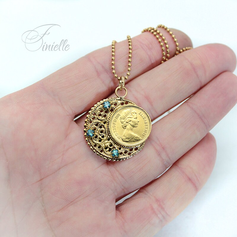 Vintage 1971 Lucky Half Penny Coin Charm Pendant Necklace | Crescent Moon | Blue Cubic Zirconia | 24k Yellow Gold Plated | Unique Gift