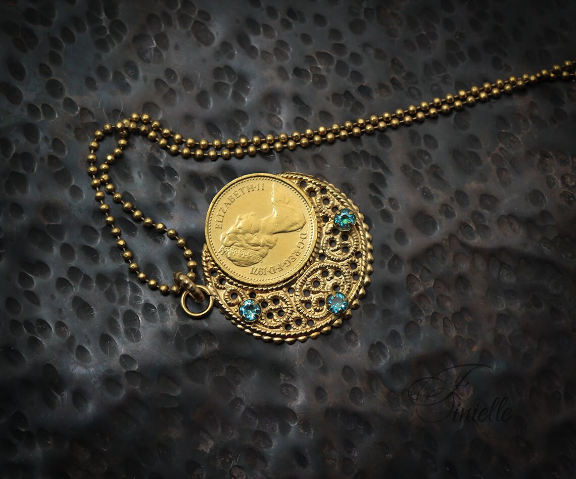 Vintage 1971 Lucky Half Penny Coin Charm Pendant Necklace | Crescent Moon | Blue Cubic Zirconia | 24k Yellow Gold Plated | Unique Gift