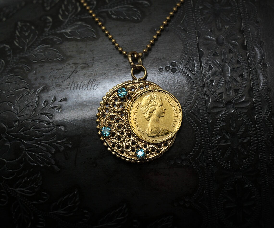 Vintage 1971 Lucky Half Penny Coin Charm Pendant Necklace | Crescent Moon | Blue Cubic Zirconia | 24k Yellow Gold Plated | Unique Gift