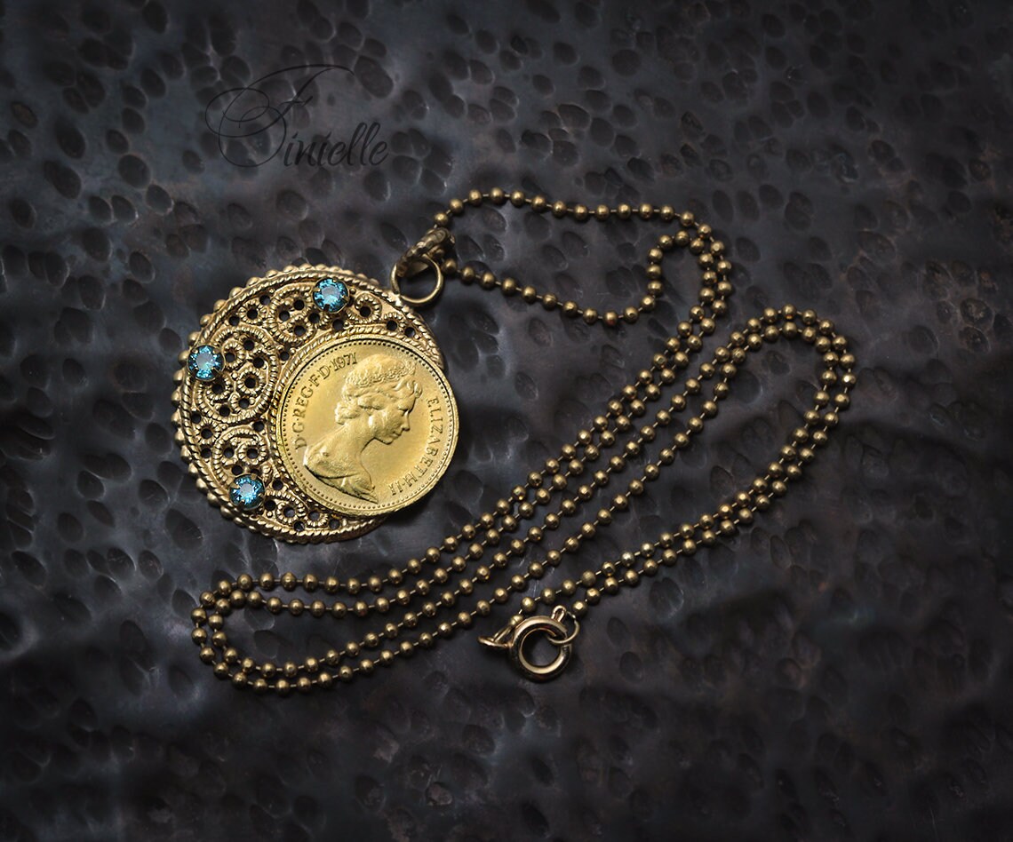 Vintage 1971 Lucky Half Penny Coin Charm Pendant Necklace | Crescent Moon | Blue Cubic Zirconia | 24k Yellow Gold Plated | Unique Gift